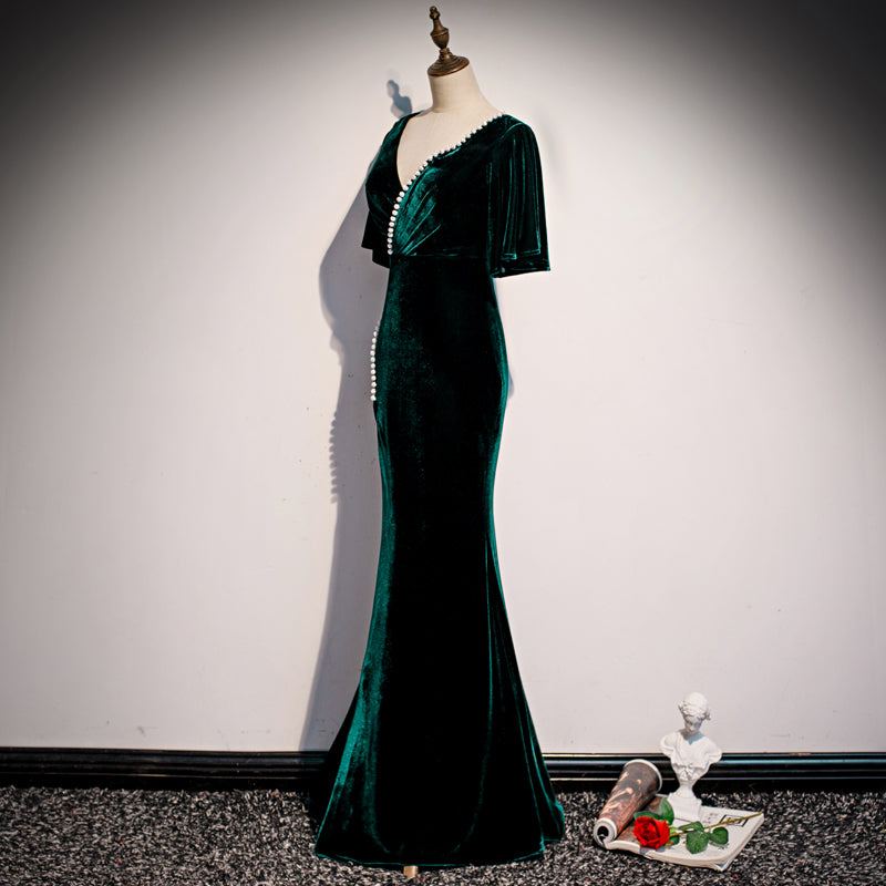 Dark Green Velvet Mermaid Slit V-Neckline Formal Dress Party Dress, Long Evening Dresses US Size 6 / Green