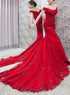 Dark Red Mermaid Off Shoulder Evening Gown with Lace Applique, Red Formal Gown Prom Dress
