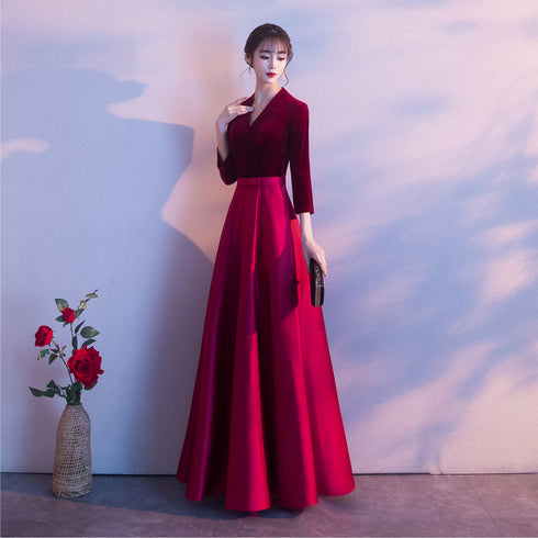Dark Red Satin and Velvet Simple Long Wedding Party Dress, Dark Red Evening Dresses Prom Dresses