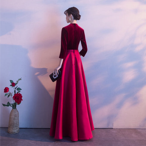 Dark Red Satin and Velvet Simple Long Wedding Party Dress, Dark Red Evening Dresses Prom Dresses