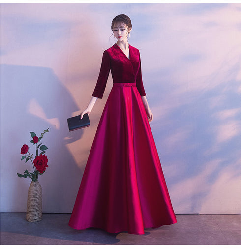 Dark Red Satin and Velvet Simple Long Wedding Party Dress, Dark Red Evening Dresses Prom Dresses