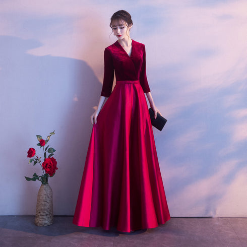 Dark Red Satin and Velvet Simple Long Wedding Party Dress, Dark Red Evening Dresses Prom Dresses