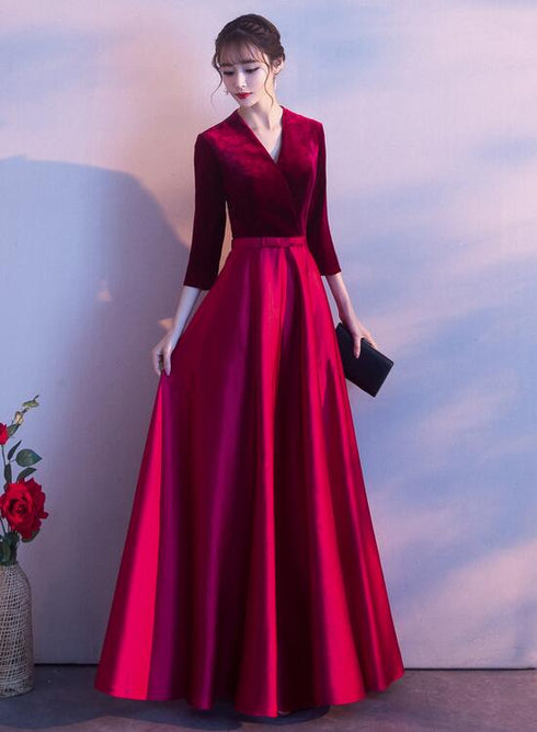 Dark Red Satin and Velvet Simple Long Wedding Party Dress, Dark Red Evening Dresses Prom Dresses
