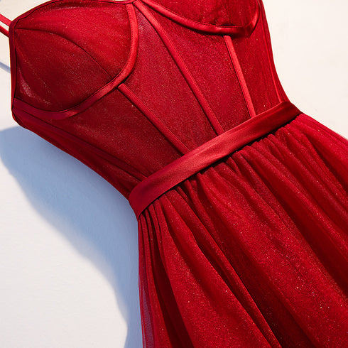 Dark Red Tulle Sweetheart Straps Wedding Party Dress, Red Homecoming Dress Prom Dress