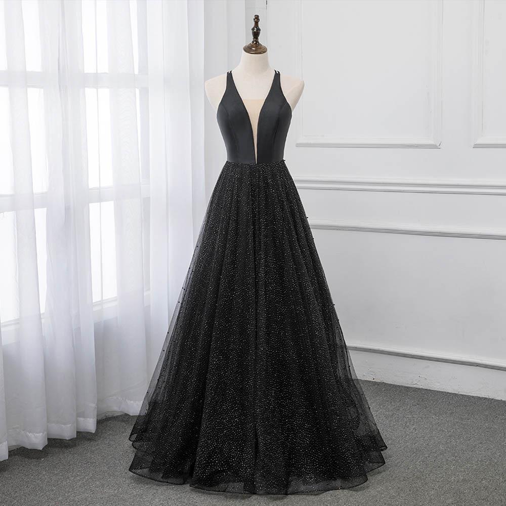 Black V-Neckline Tulle and Satin Long Straps Cross Back Prom Dress, Floor Length Evening Dress US Size 18w / Black