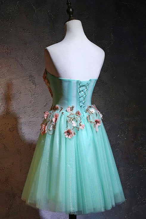 Adorable Flower Lace Applique Mint Green Homecoming Dress, Short Prom Dress