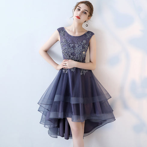 Fashionable High Low Round Neckline Lace Homecoming Dresses, Cute Tulle Party Dresses