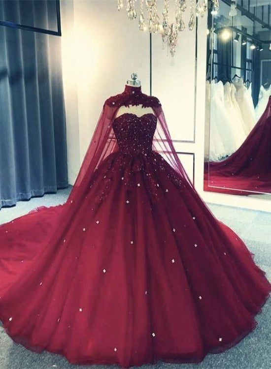 Glam Ball Gown Quinceanera Dress Lace Applique Beaded Cape, Wine Red Formal Dress Party Gowns US size 4 / Wine Red