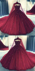 Glam Ball Gown Quinceanera Dress Lace Applique Beaded Cape, Wine Red Formal Dress Party Gowns