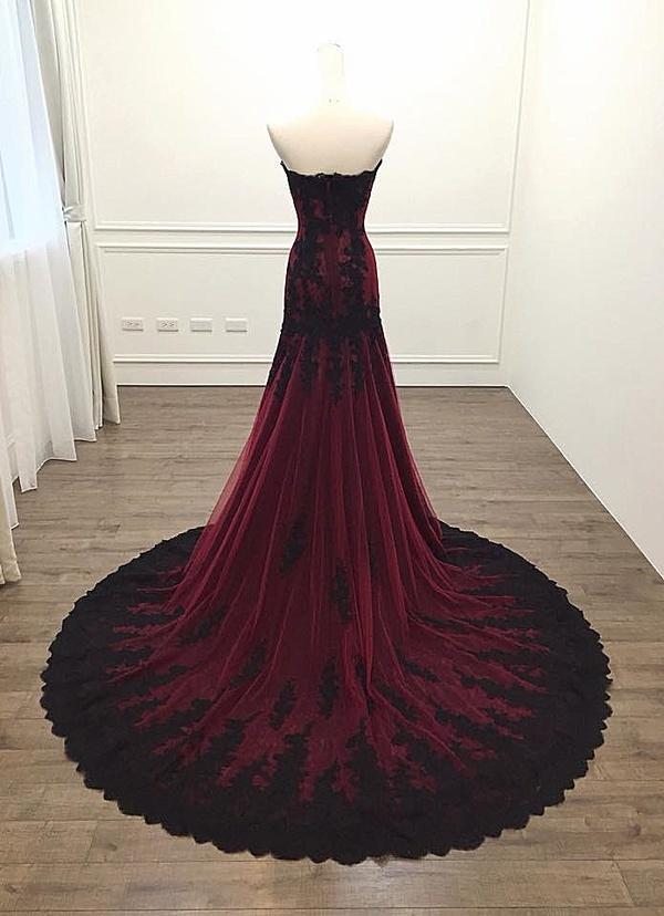 red and black mermaid dress Simple Black Tulle Red Mermaid Long Evening Prom Dresses, Custom Spaghett Straps prom Dress, MR8720