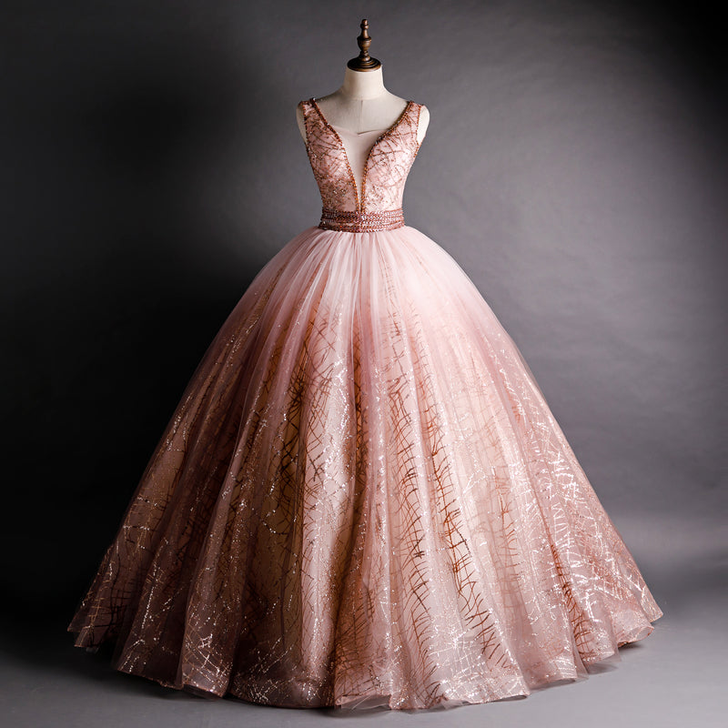 Gorgeous Pink V-Neckline Beaded Ball Gown Formal Dresses, Pink Sweet 16 Dresses US Size 24W / Pink