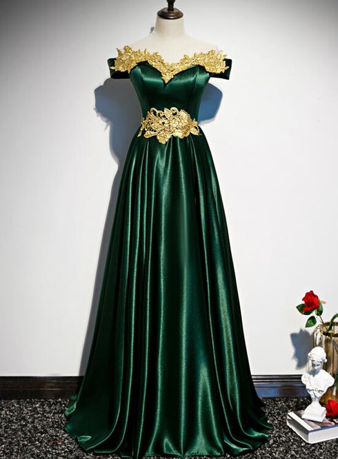 Fashionable Green Off Shoulder A-line Prom Dress, Green Junior Evening Dress