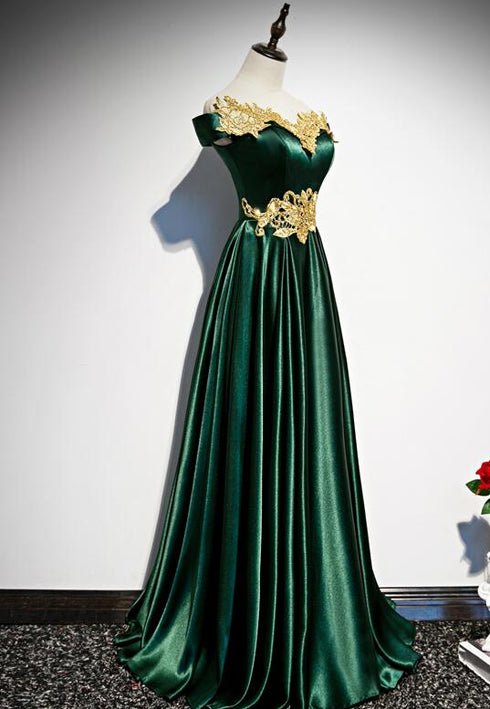 Fashionable Green Off Shoulder A-line Prom Dress, Green Junior Evening Dress