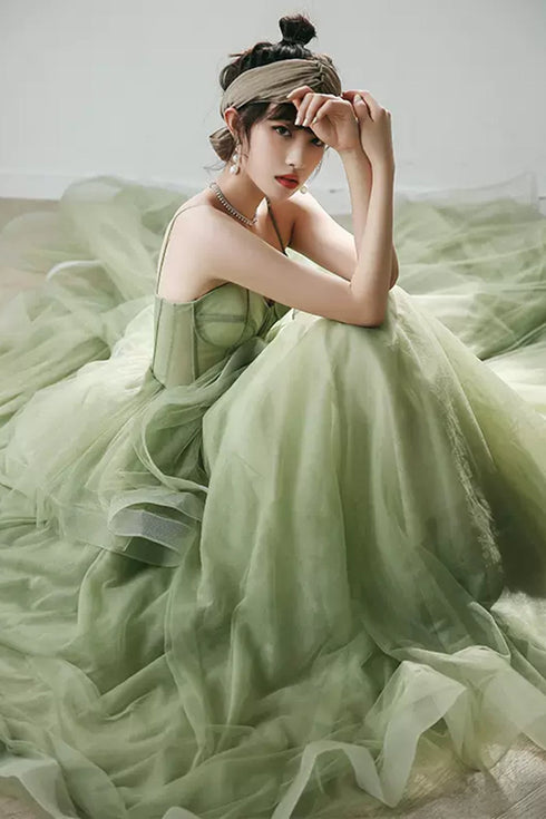 Green Tulle Sweetheart Long Formal Dress, Green Low Back Prom Dress