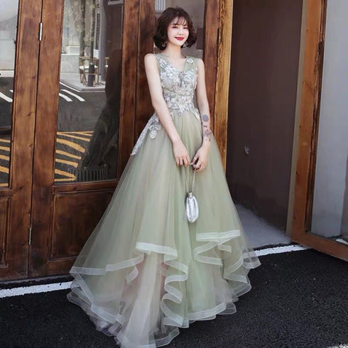 Green and Pink Tulle Long V-neckline Long Evening Dress Party Dress, Sweet 16 Formal Dreses