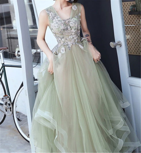 Green and Pink Tulle Long V-neckline Long Evening Dress Party Dress, Sweet 16 Formal Dreses