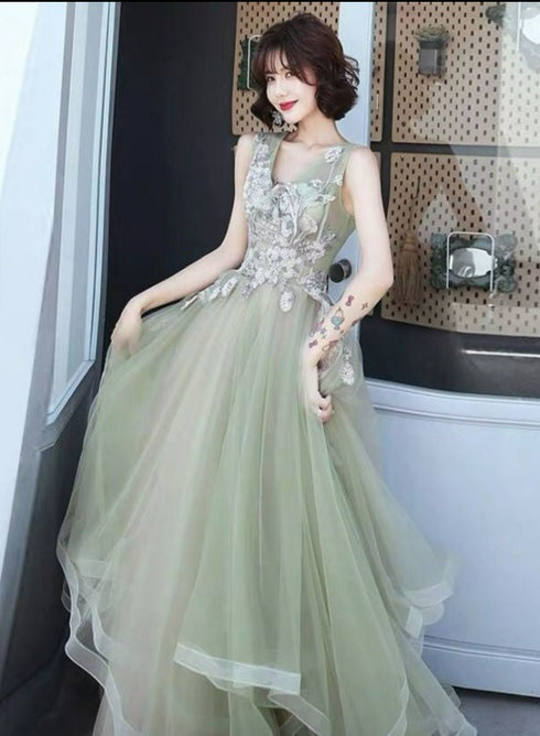 Green and Pink Tulle Long V-neckline Long Evening Dress Party Dress, Sweet 16 Formal Dreses