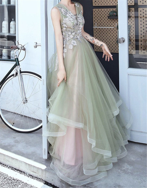 Green and Pink Tulle Long V-neckline Long Evening Dress Party Dress, Sweet 16 Formal Dreses