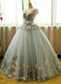 Grey Ball Gown 3D Flowers Princess Party Gown, Sweet 16 Formal Dress Grey Formal Dress
