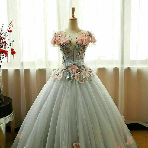 Grey Ball Gown 3D Flowers Princess Party Gown, Sweet 16 Formal Dress Grey Formal Dress
