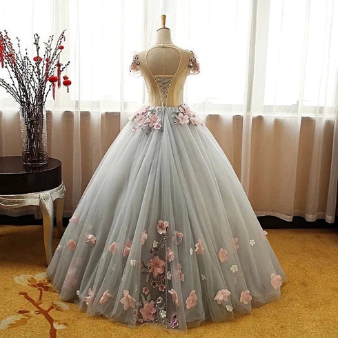 Grey Ball Gown 3D Flowers Princess Party Gown, Sweet 16 Formal Dress Grey Formal Dress