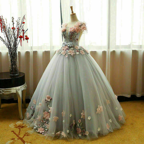 Grey Ball Gown 3D Flowers Princess Party Gown, Sweet 16 Formal Dress Grey Formal Dress