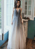 Grey Gradient Tulle V-neckline Backless Sexy Formal Dress, Long Evening Dress Party Dresses