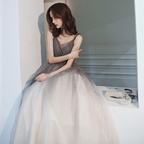 Grey Gradient Tulle V-neckline Backless Sexy Formal Dress, Long Evening Dress Party Dresses