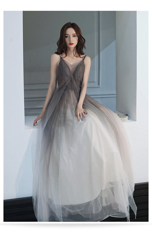 Grey Gradient Tulle V-neckline Backless Sexy Formal Dress, Long Evening Dress Party Dresses
