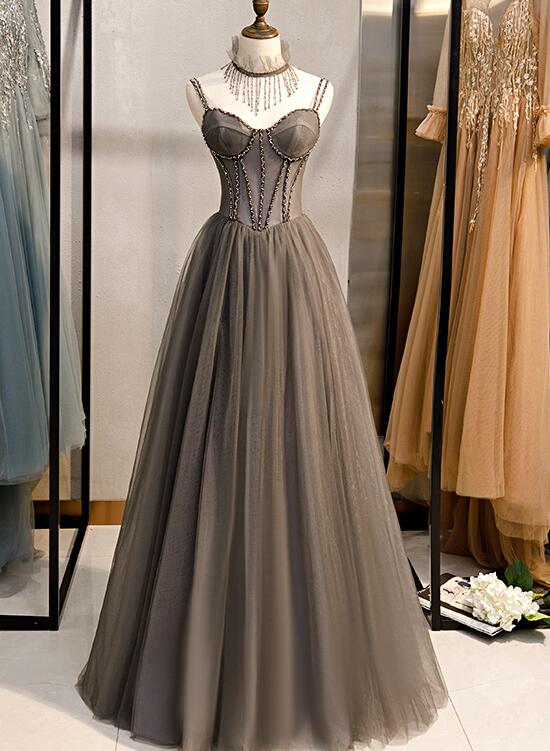 Grey Satin Beaded Long Party Dress with Bow, Grey A-line Prom Dress main image 0