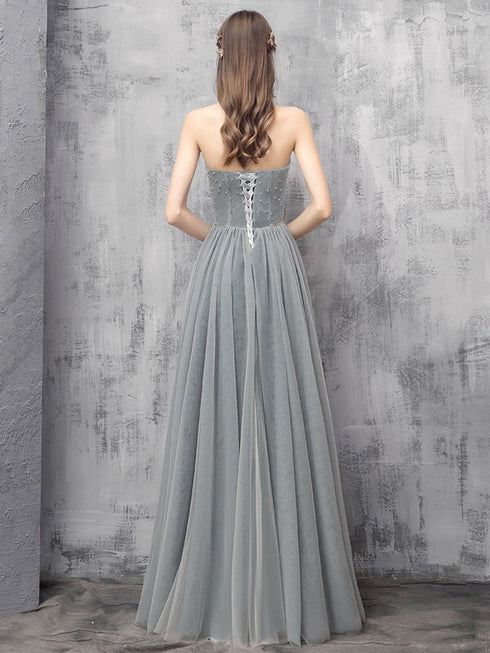 Grey Sweetheart Beaded Tulle Long Prom Dress , Tulle Evening Dress
