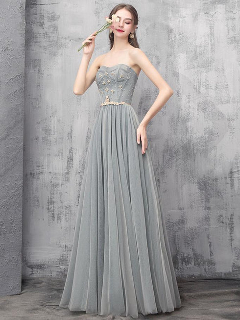 Grey Sweetheart Beaded Tulle Long Prom Dress , Tulle Evening Dress