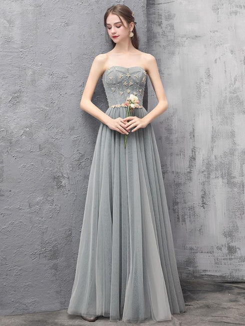 Grey Sweetheart Beaded Tulle Long Prom Dress , Tulle Evening Dress