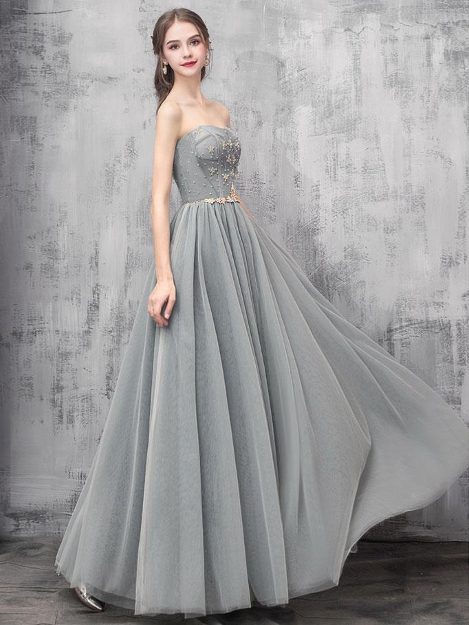 Grey Beaded Straps Sweetheart Shiny Tulle Long Party Dresses, Grey Long Prom Dresses