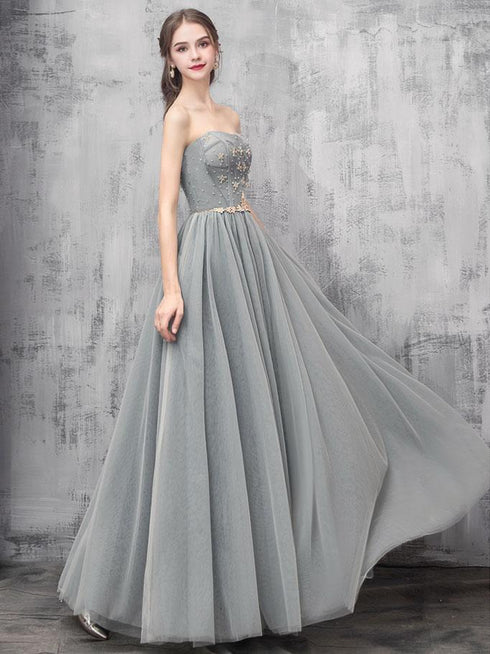 Grey Sweetheart Beaded Tulle Long Prom Dress , Tulle Evening Dress