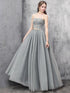 Grey Sweetheart Beaded Tulle Long Prom Dress , Tulle Evening Dress