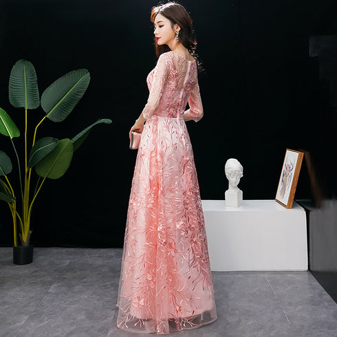 Pink Lace Lovely A-line Round Neckline Prom Dress, Pink Bridesmaid Dress Formal Dress