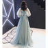 Lovely Light Green Long Sleeves Tulle Prom Dress, Floor Length A-line Flowers Formal Dress