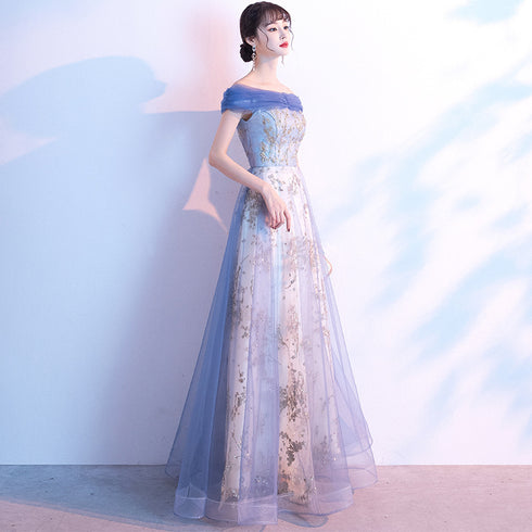 Light Blue Off Shoulder Tulle with Lace Long Evening Dress Prom Dress, Blue Formal Dresses