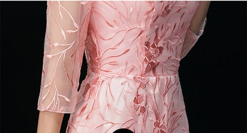 Pink Lace Lovely A-line Round Neckline Prom Dress, Pink Bridesmaid Dress Formal Dress