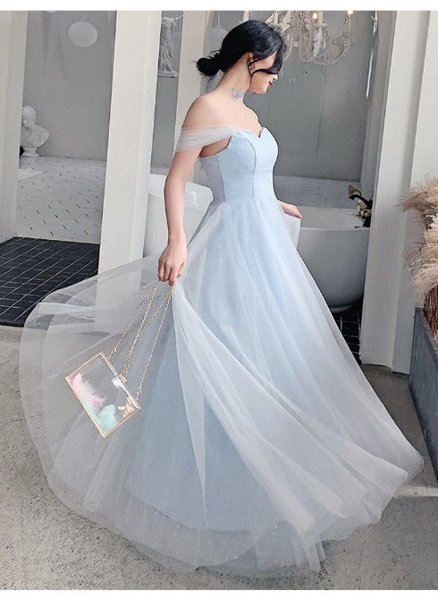 Light Blue Off Shoulder Sweetheart Tulle Long Party Dress, A-line Simple Floor Length Prom Dress