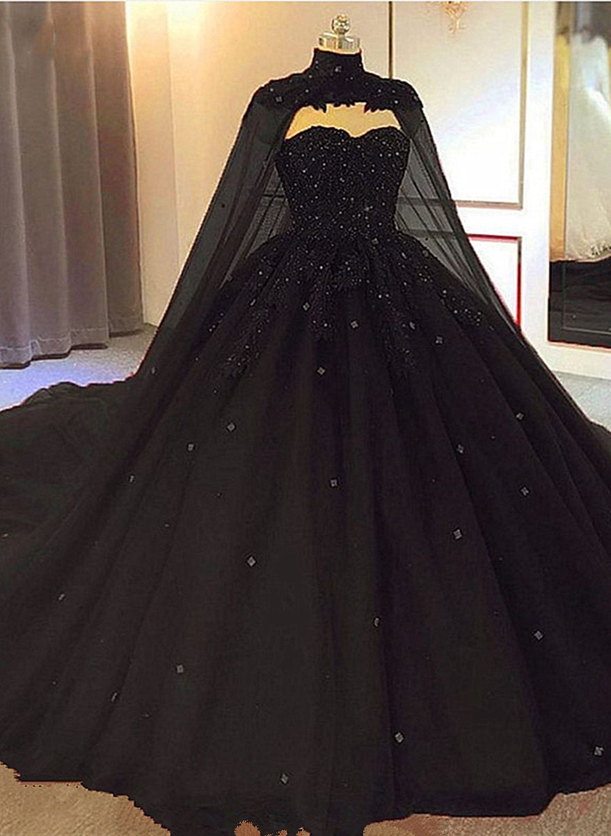 Black Tulle Ball Gown Wedding Party Dress with Cap, Black Lace Formal