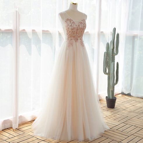 Beautiful Ivory V-neckline Floor Length Tulle Prom Dress, Beaded Formal Dress Evening Dress