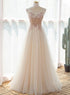 Beautiful Ivory V-neckline Floor Length Tulle Prom Dress, Beaded Formal Dress Evening Dress