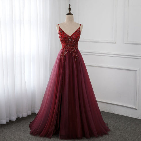 Wine Red Long Tulle V-neckline Beaded Junior Prom Dress, Dark Red Party Dress
