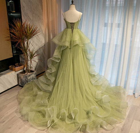 Beautiful Light Green Tulle Layers Ball Gown Wedding Party Dress, Long Evening Dress Prom Dress