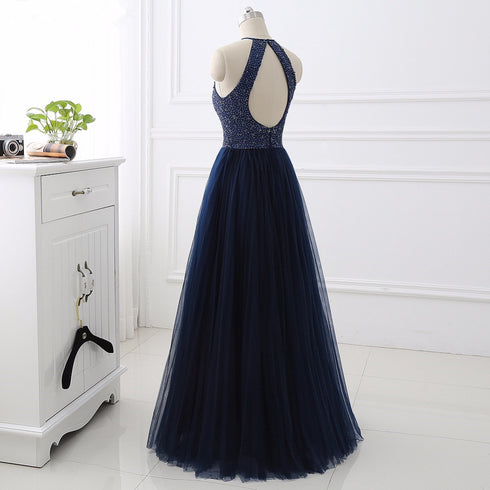 Elegant Navy Blue Halter Beaded Long Evening Dress, Beautiful Prom Dress