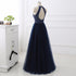 Elegant Navy Blue Halter Beaded Long Evening Dress, Beautiful Prom Dress