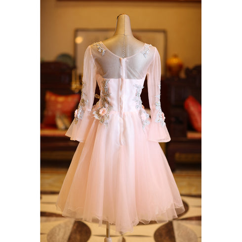 Adorable Pink Tulle Knee Length Long Sleeves Party Dress, Pink Homecoming Dress
