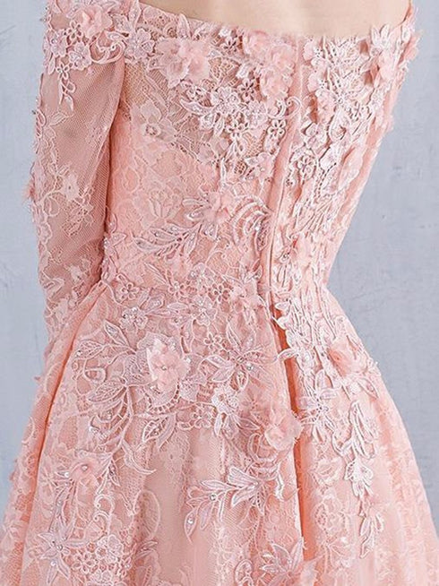 Pink Lace 1/2 Sleeves Off Shoulder Elegant Prom Dress, Long Floor Length Party Dress
